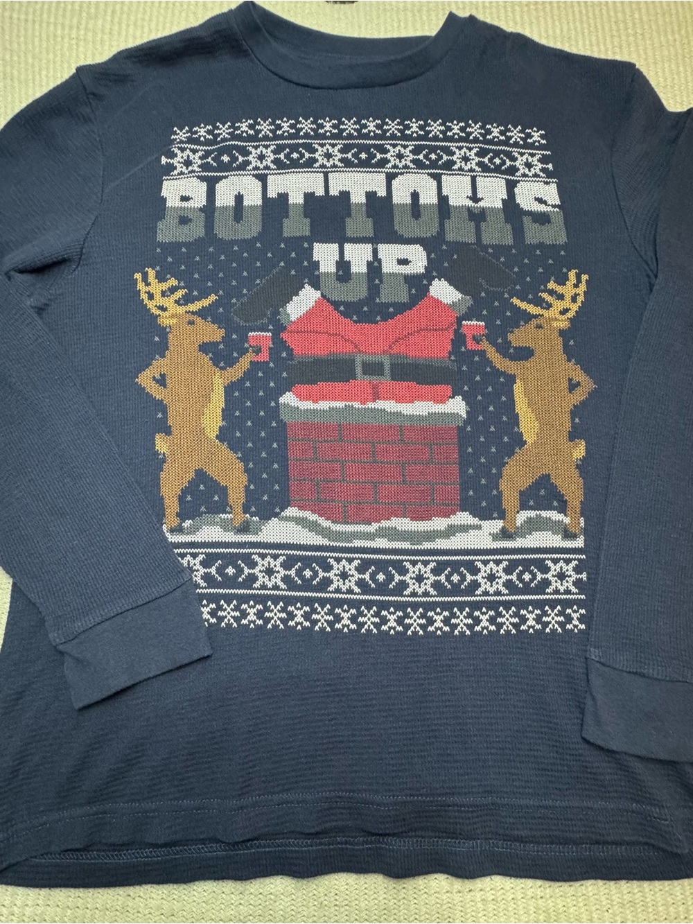 Men's Navy 'Bottoms Up' Crewneck Holiday Sweater - Festive Reindeer Graphic